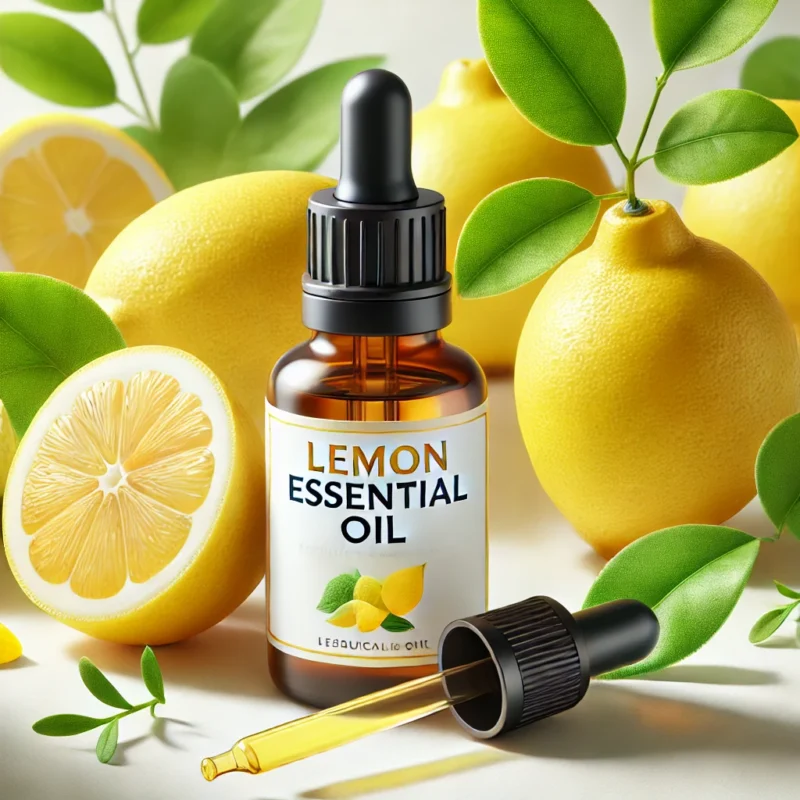 citrus essential oil bottles with lemon peel